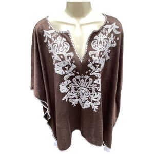 Chico’s Size L/XL Espresso Brown Embellished Embroidered Boho Poncho Top